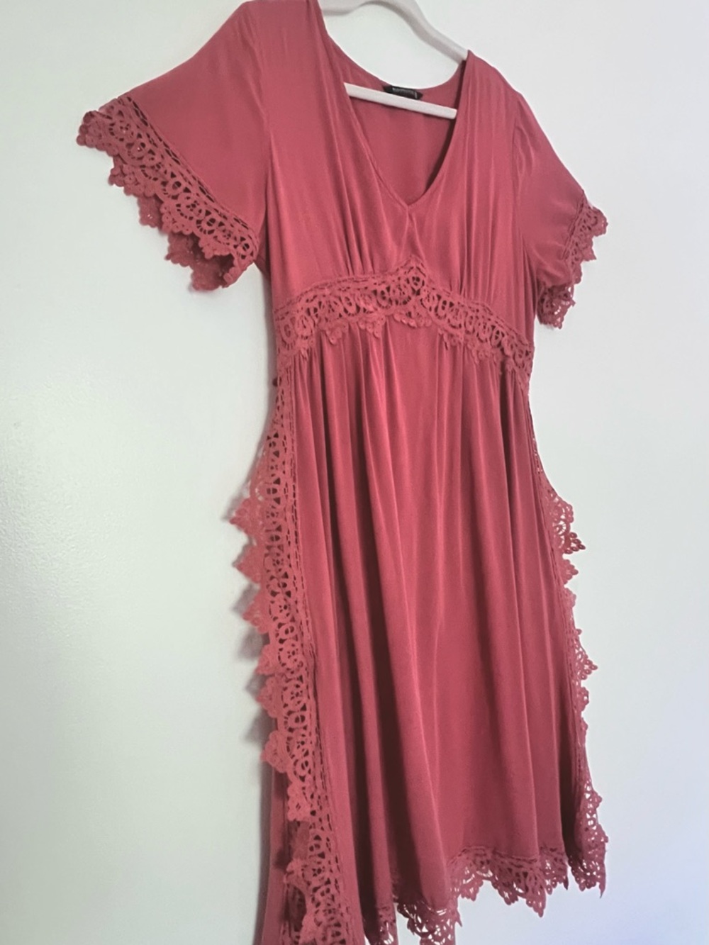 BloomChic Dusty Rose Crochet-Trim Midi Dress 100% rayon